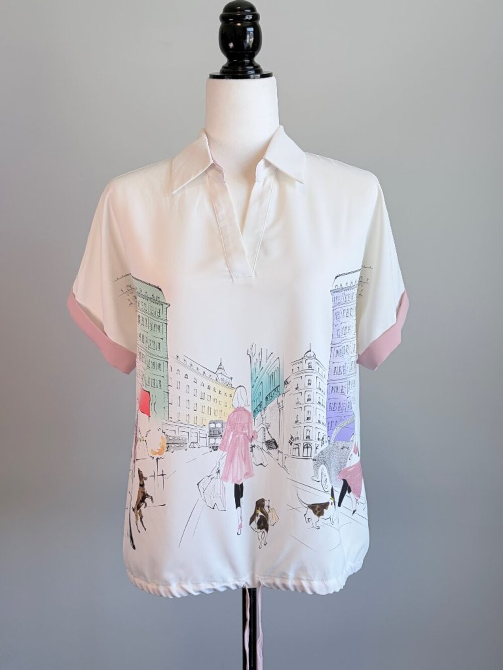 Aras Paris City Print Blouse Art Deco Collared Novelty Art White Pink Size 40 - Picture 2 of 13